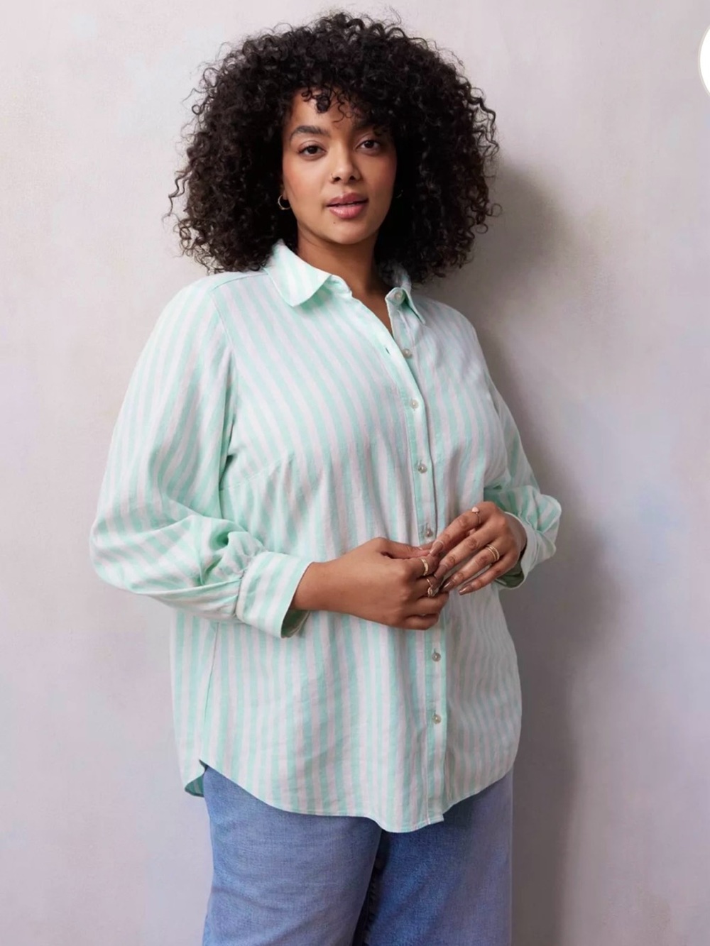 LC Lauren Conrad Linen Green & White Striped Shirt 2X